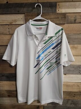 FILA Men’s White Performance Polo with Blue & Green Graphic